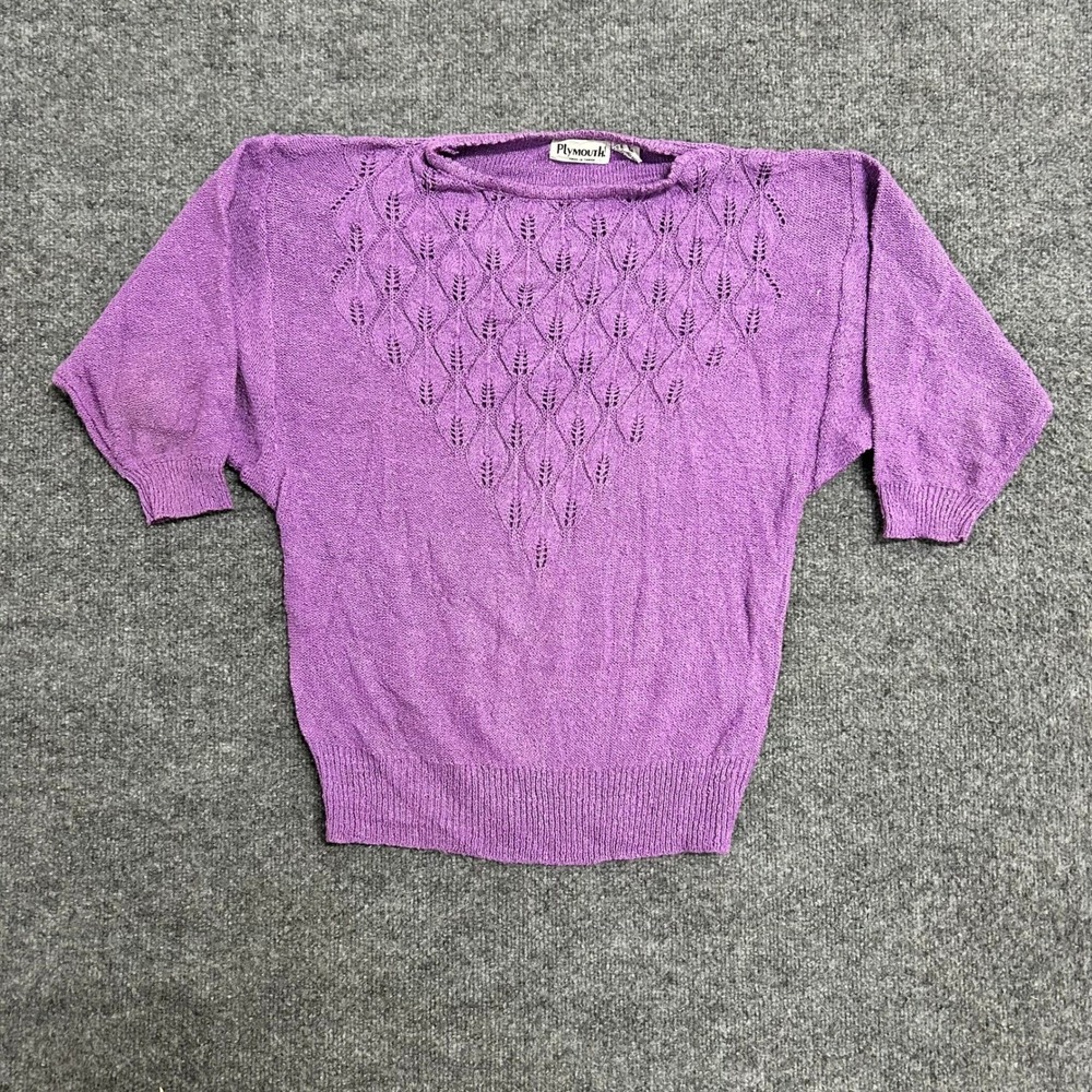Plymouth Sweater Womens Size L Purple Pointelle Knit Dolman Sleeve Vintage Top